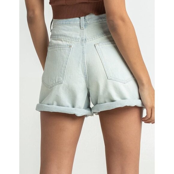 High-Waisted Light Wash Denim Shorts By RSQ Size M Womens Casual Rolled Cuff - Picture 3 of 12